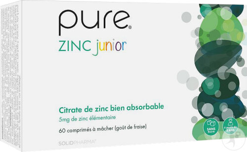 Pure Zinc Junior 5mg Zinc Élémentaire Goût Fraise 60 Comprimés À Macher