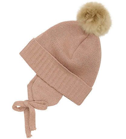 Huttelihut Hue m. ?reflapper - Strik - Uld - Mahogany Rose m. Kv