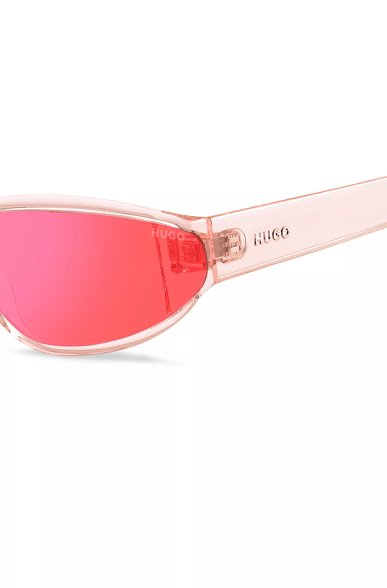 Óculos de sol HUGO em acetato vermelho e rosa com lentes em tons contrastantes.