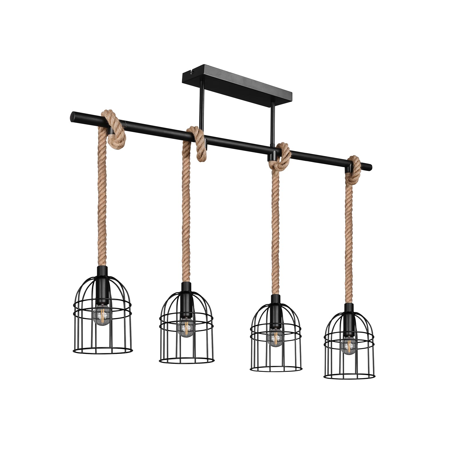 Pendelleuchte - schwarz matt-braun - Metall - Sisal - 4-flammig