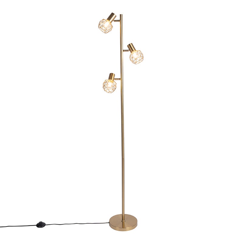 QAZQA - Moderne design vloerlamp | Staande lamp | Vloerlamp | Lamp | Lichtgoud | Messing 3-lichts verstelbaar - Mesh | Woonkamer | Slaapkamer - Langwerpig staal - LED-compatibel E14