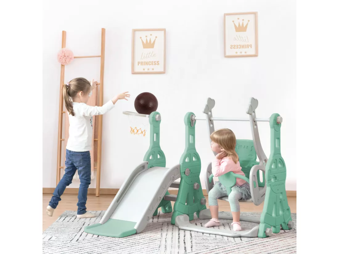 Toboggan 4 en 1 avec balançoire et support de basket-ball pour enfants, échelle d'escalade, pour intérieure et extérieure, vert