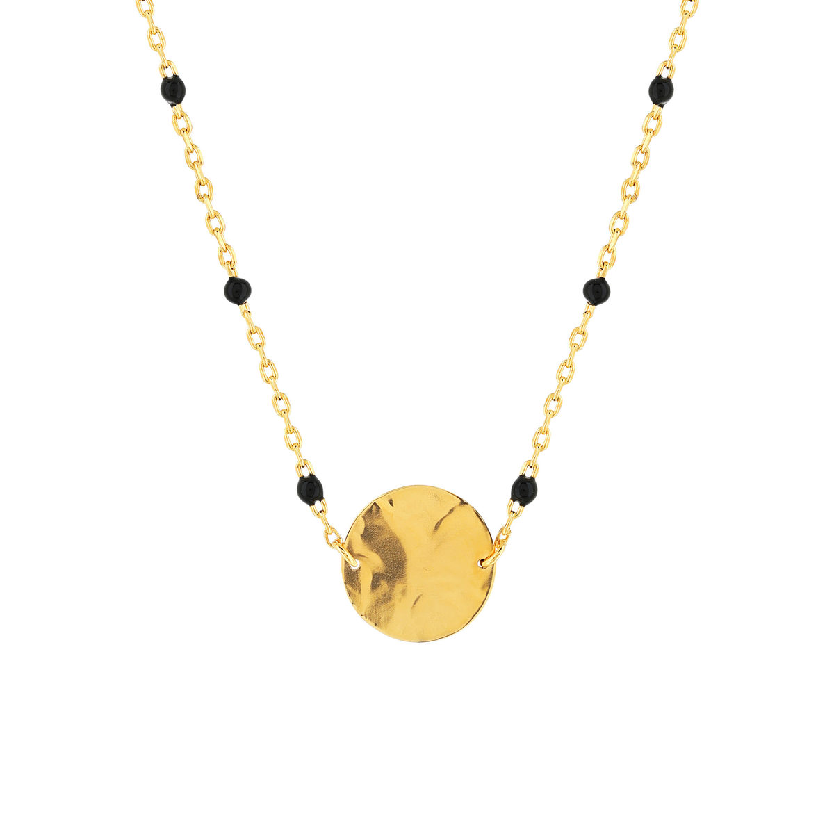 Collier plaqué or et résine noire, médaille martelée 44 cm