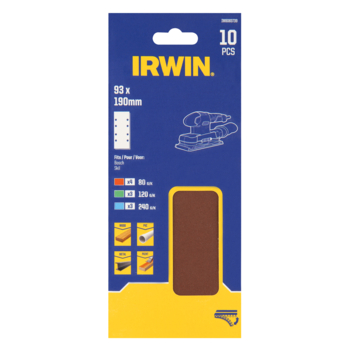 Irwin schuurvel 190 x 93 mm K80/K120/K240 zelfhechtend, met perforatie voor Bosch, Skil, Gamma, Makita, Metabo, 10 stuks