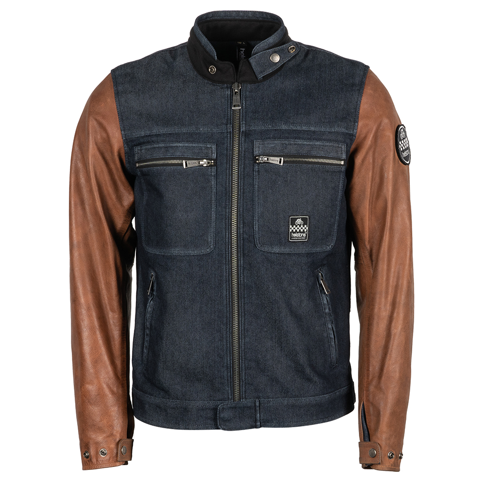 Helstons - Blouson Winston Coton Cuir Bleu / Marron