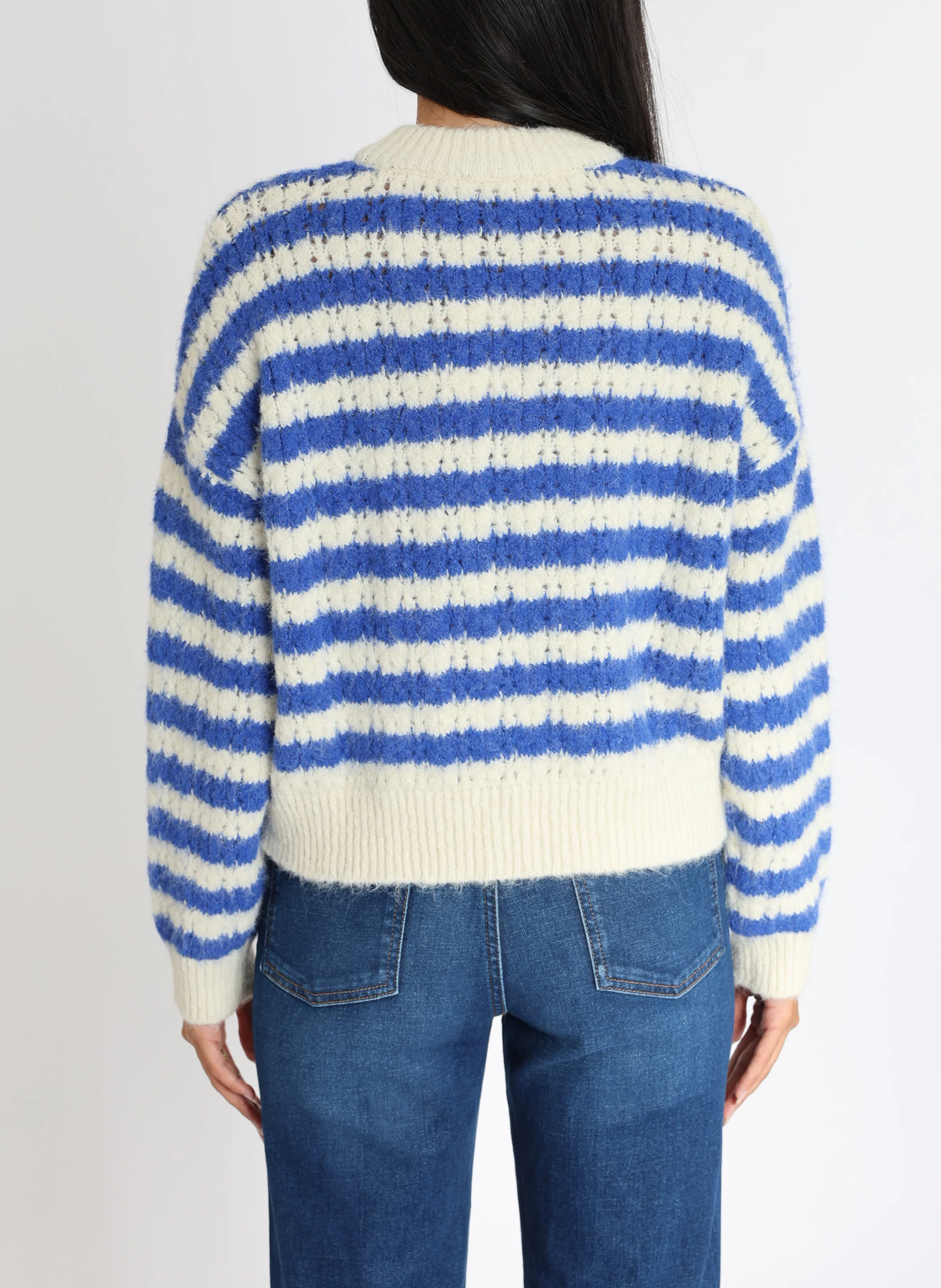 CENDY - Pull ample col rond rayé en maille mélangée | Blanc