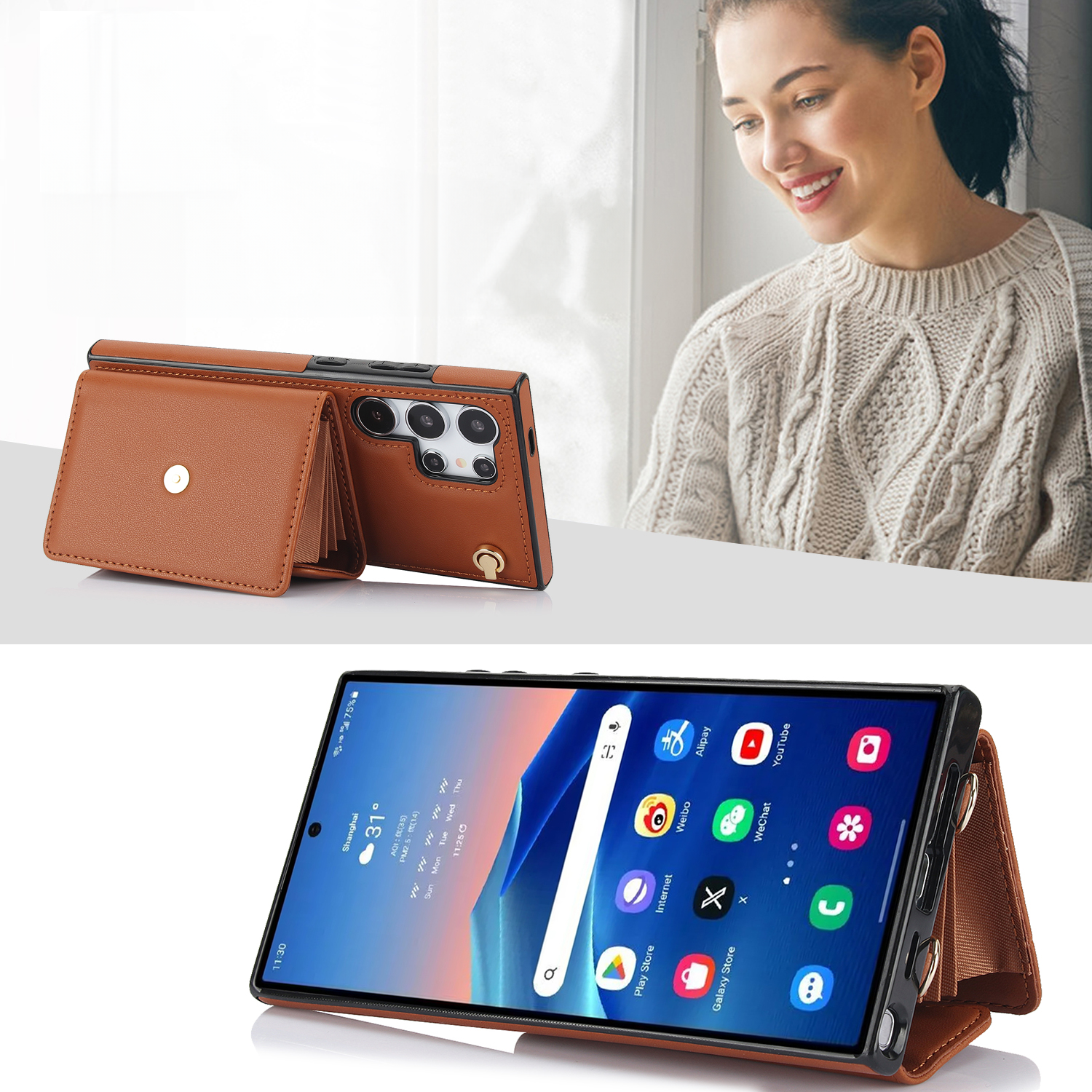 Samsung Galaxy S24 Ultra Necklace Leder Schutz Hülle mit Kartenfach   Handykette (140cm) - Braun