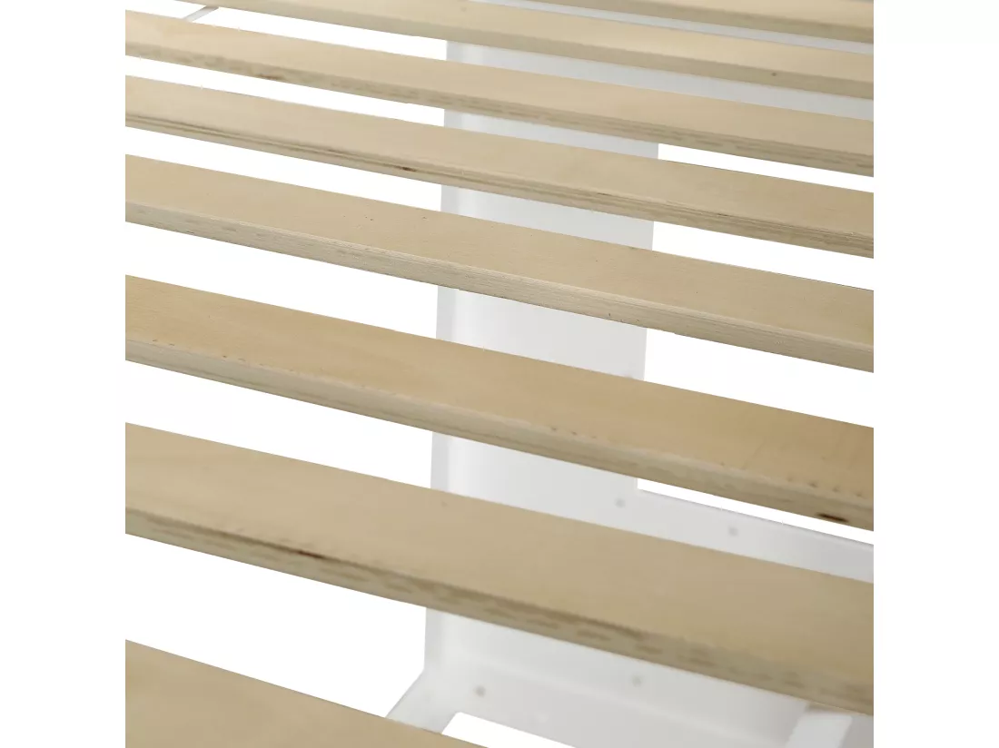 Lit mezzanine 90x200 cm - avec garde-corps et escalier - avec 2 fenêtres - bois massif + MDF - blanc