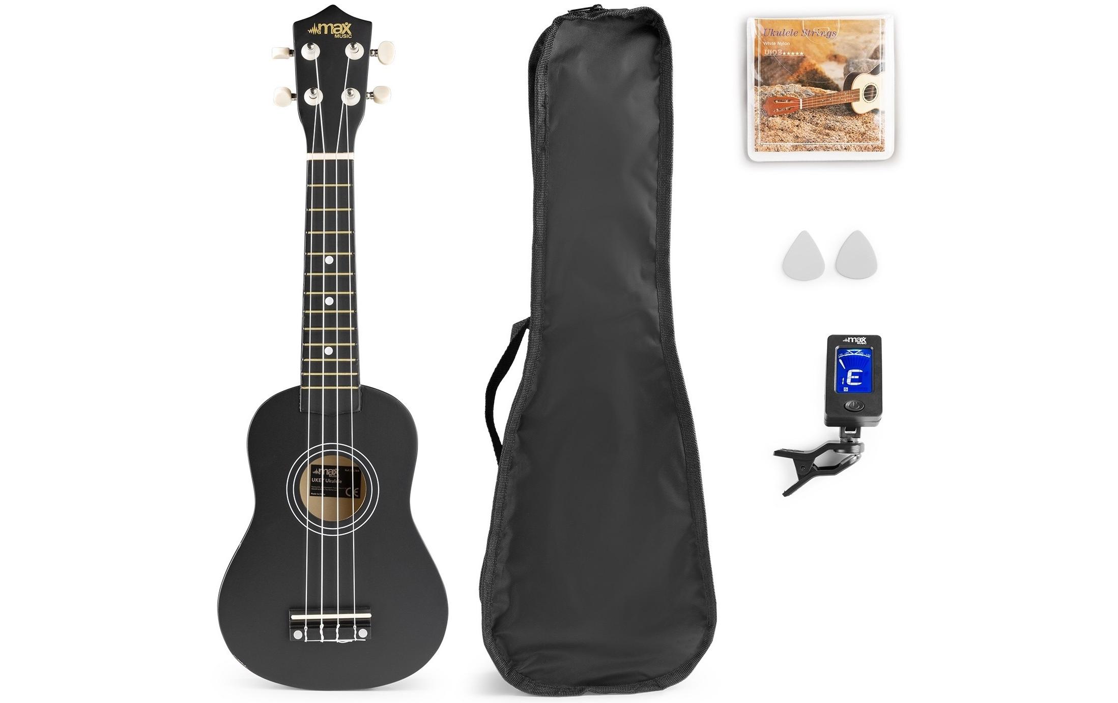 Ukulele UKEY Set Soprano Schwarz 21 ZollSopranukulele mit Tasche und Zubehör