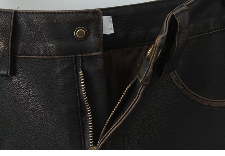 SugaYuja - Hoge taille, gewassen, geplooide, imitatieleren mini-A-lijn rok
