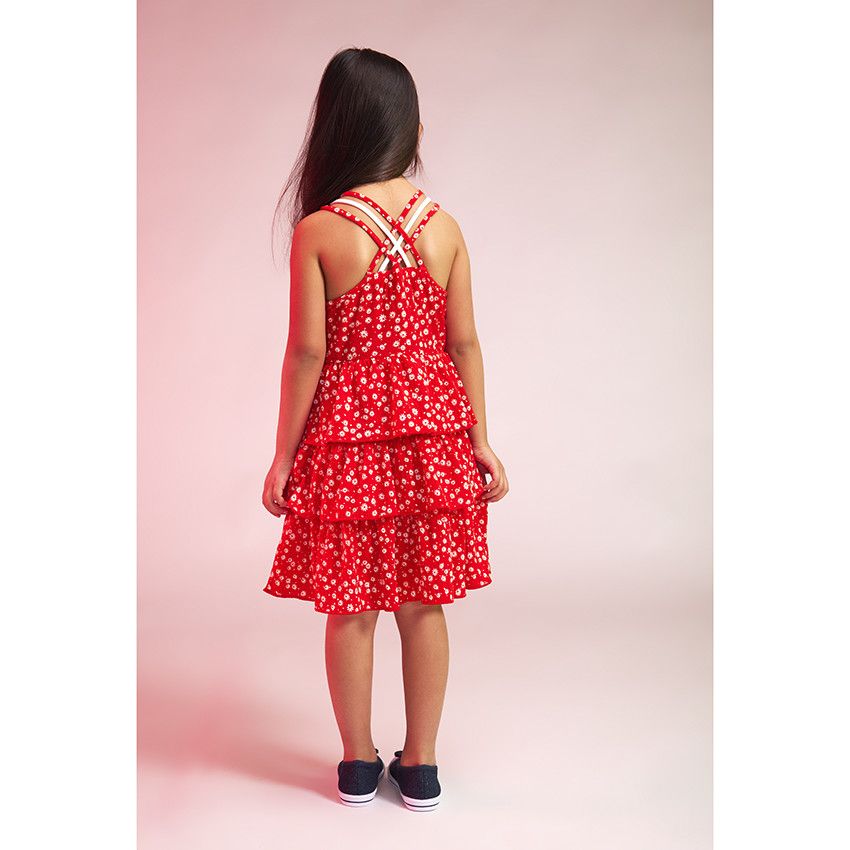Robe volantée en maille imprimé fleurs pour fille - Rouge