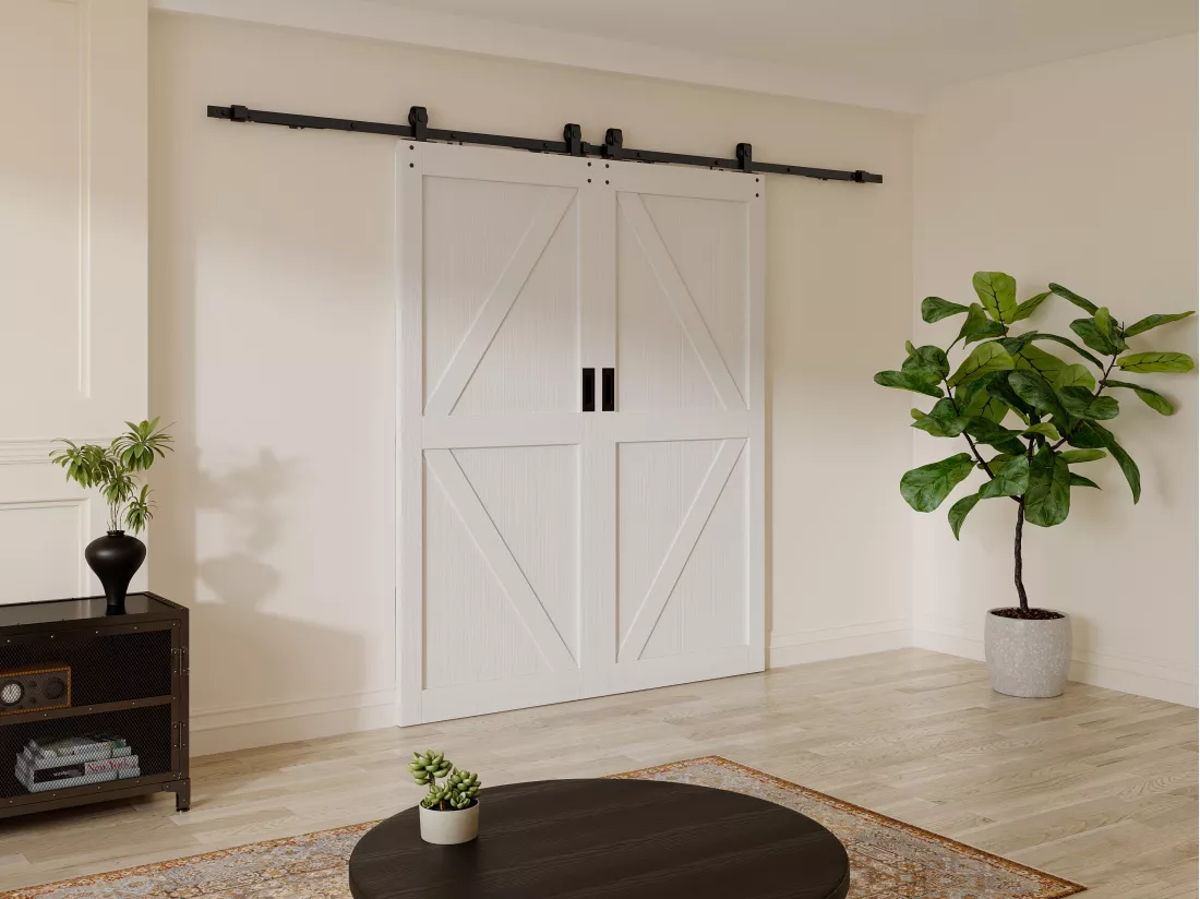 Porte coulissante double avec système en applique - Bois et MDF - blanc - 2 x H205 x 93 cm - NEFARA