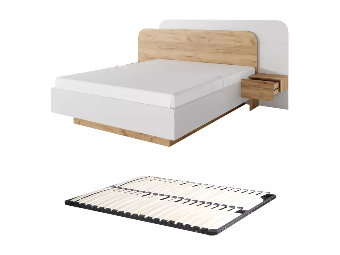 Lit avec chevets 160 x 200 cm - Avec LEDs - Coloris : Naturel et blanc + Sommier - DESADO