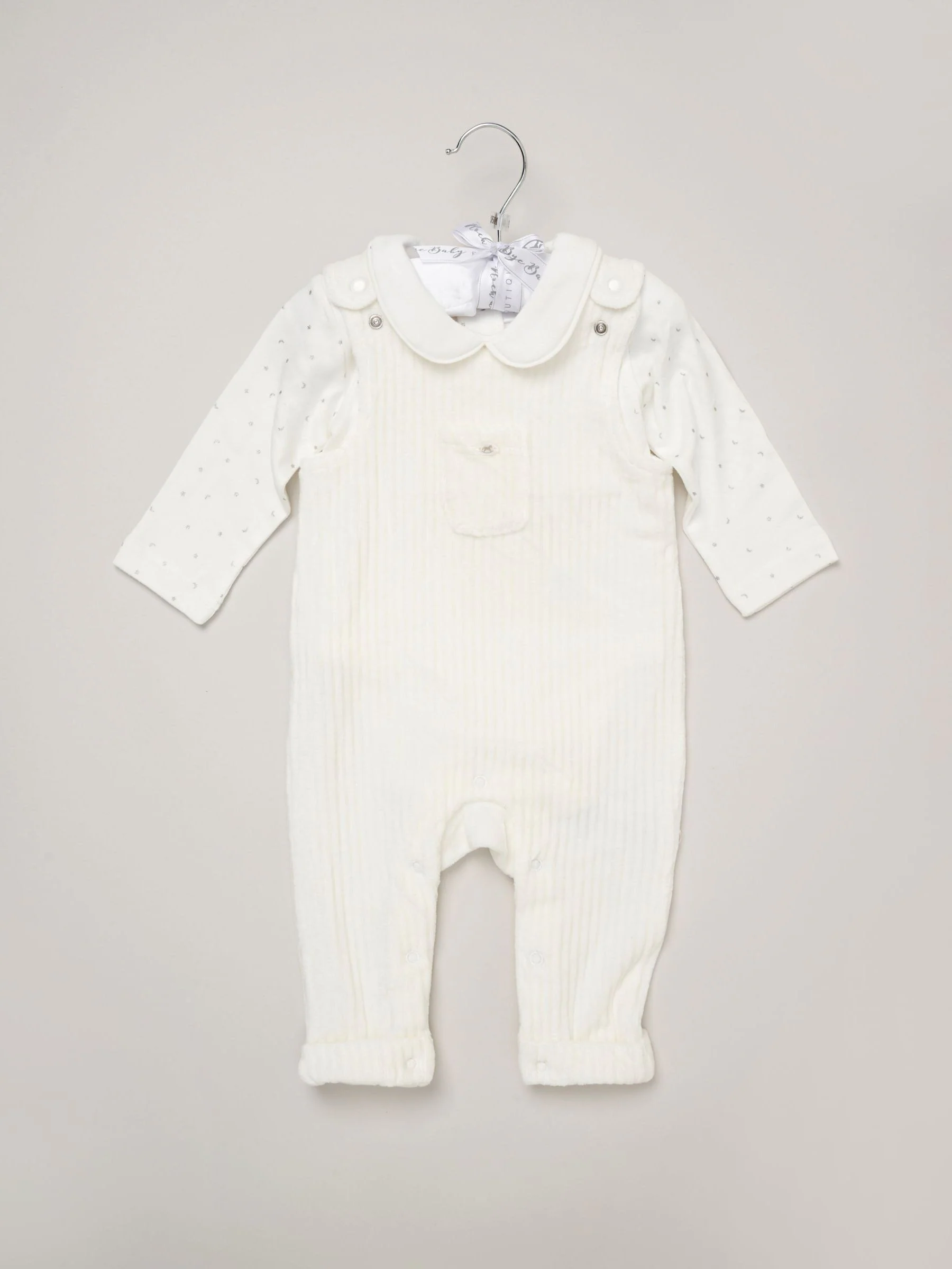Rock-A-Bye Baby Boutique Baby Velour White Dungarees and Bodysuit Set