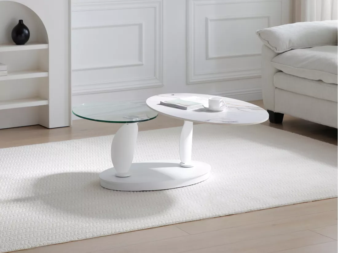 Table basse avec plateaux pivotants en céramique, verre trempé et métal - Effet marbre blanc - MANEYA de Maison Céphy