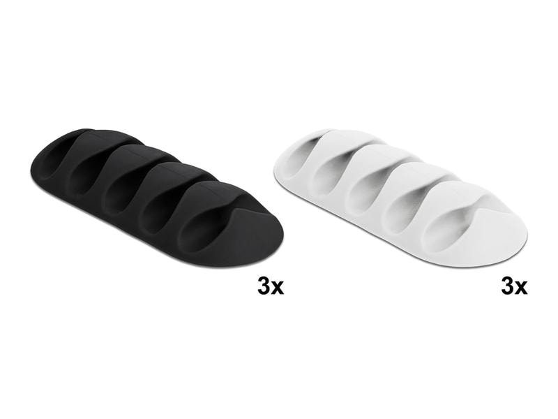 Delock Kabelhalter 66mm, für 5 Kabel, selbstklebend 6 Stück Kabelhalter mit 5 Durchführungen selbstklebend Set 6 Stück Schwarz / weiss