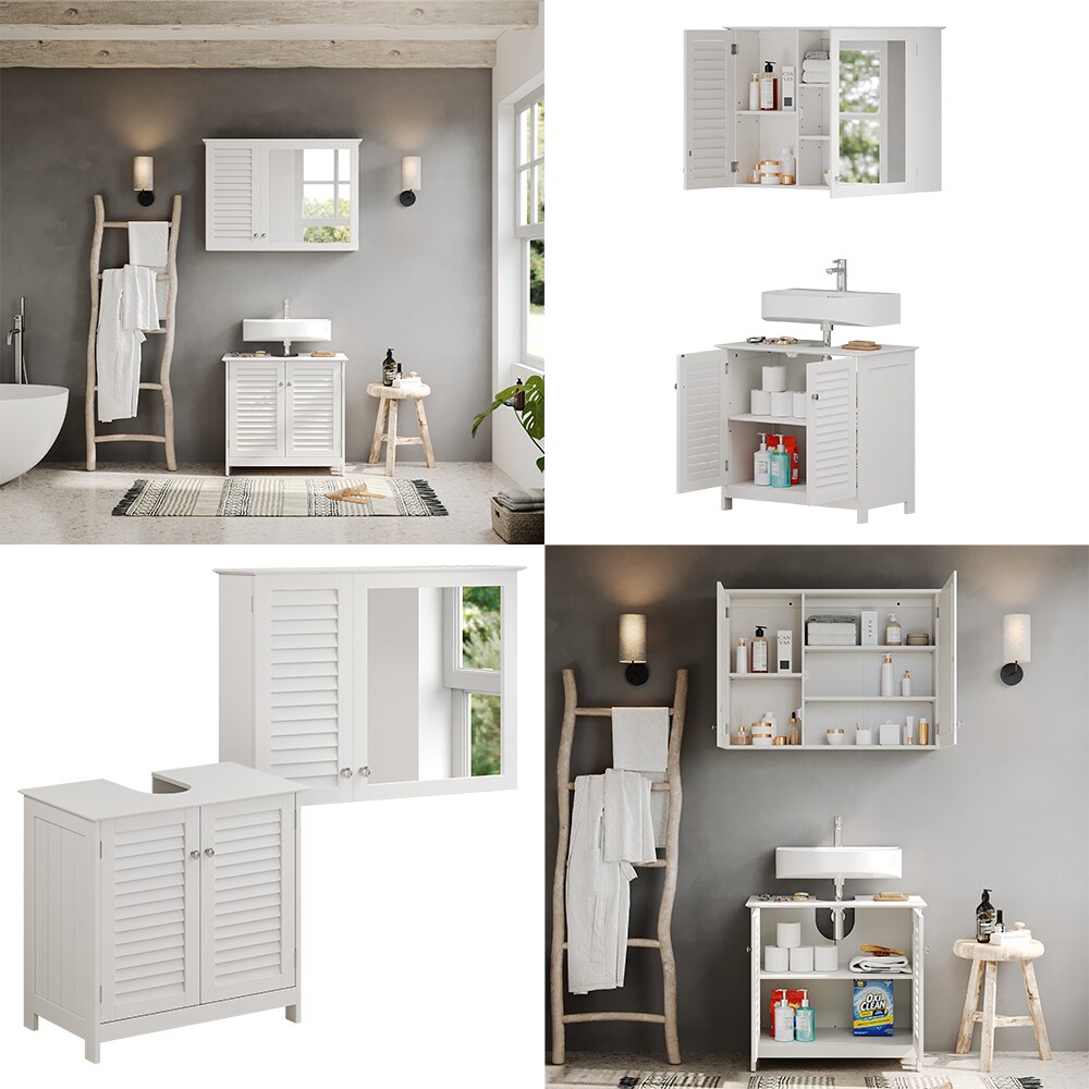 Vicco Badmöbel-Set Riad, Weiß, Badezimmer, moderne Badserie, Lamellen-Front, Waschtischunterschrank, Spiegelschrank