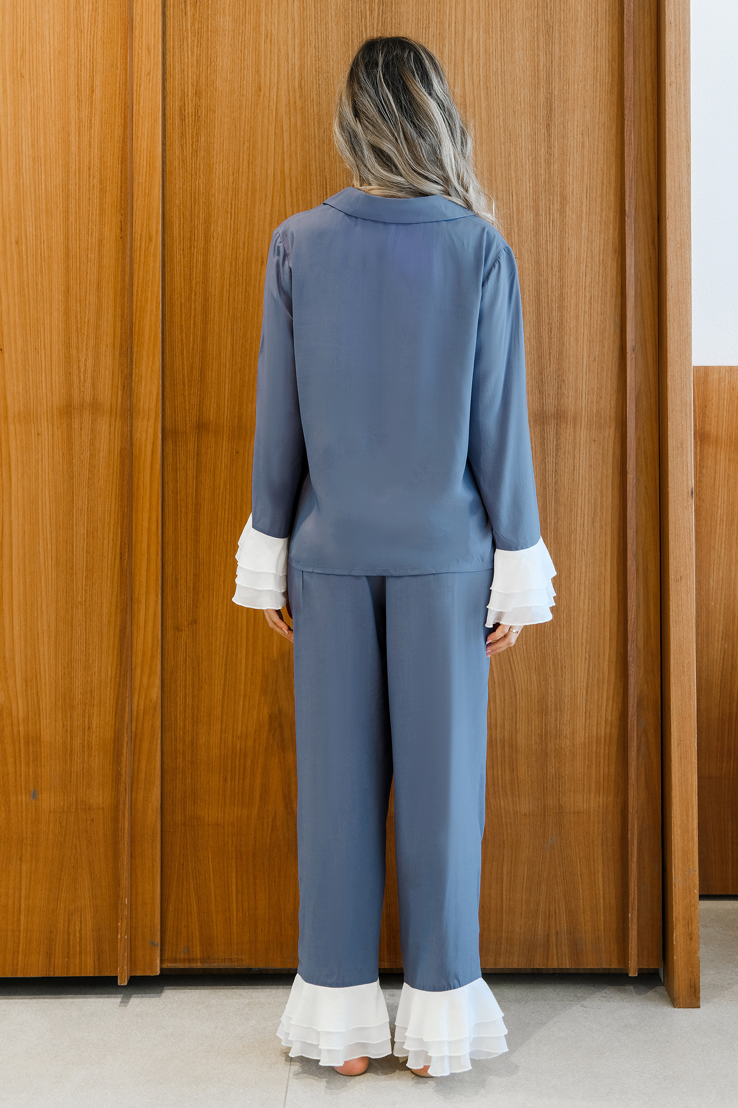 Pyjama à poignets en dentelle bleu ardoise
