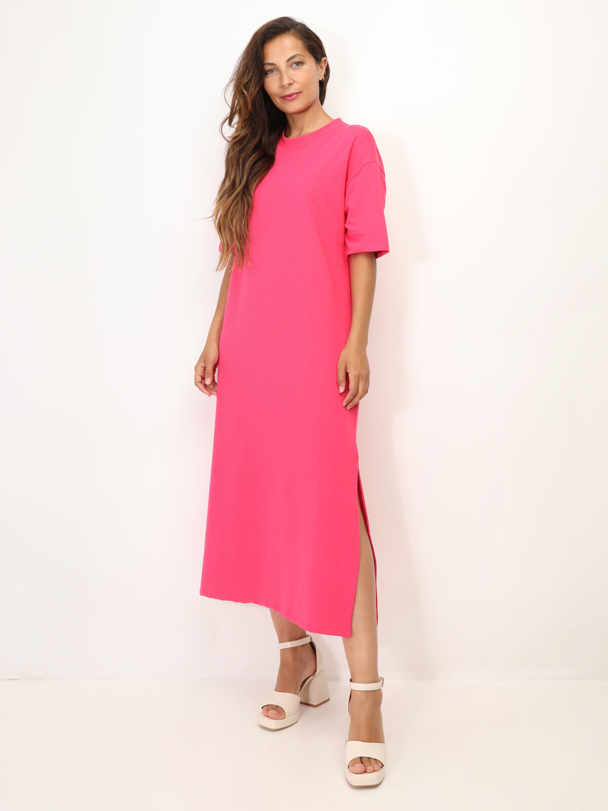 Robe T-shirt à fentes- Fuchsia