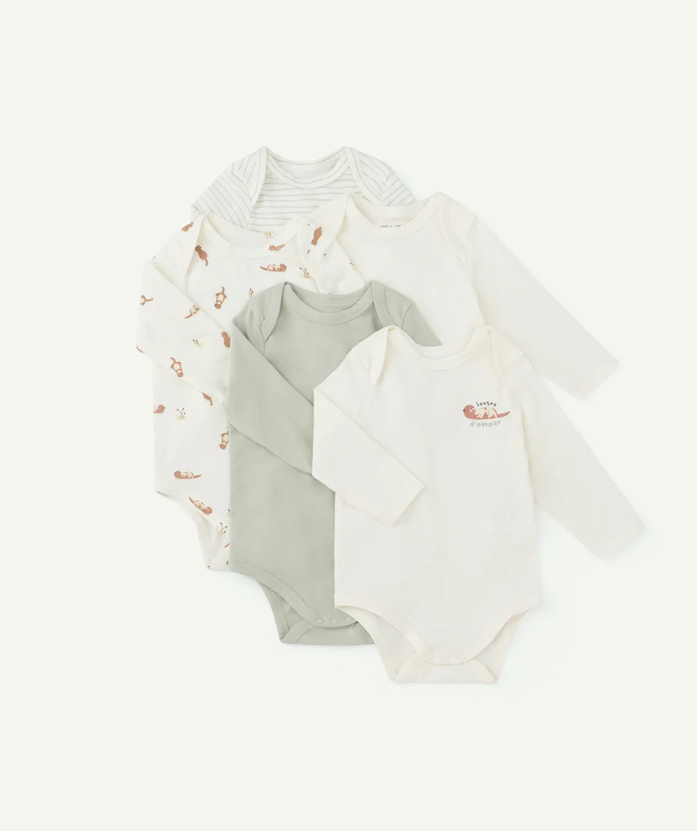 LOT DE 5 BODIES BÉBÉ GARÇON EN COTON BIO THÈME LOUTRES