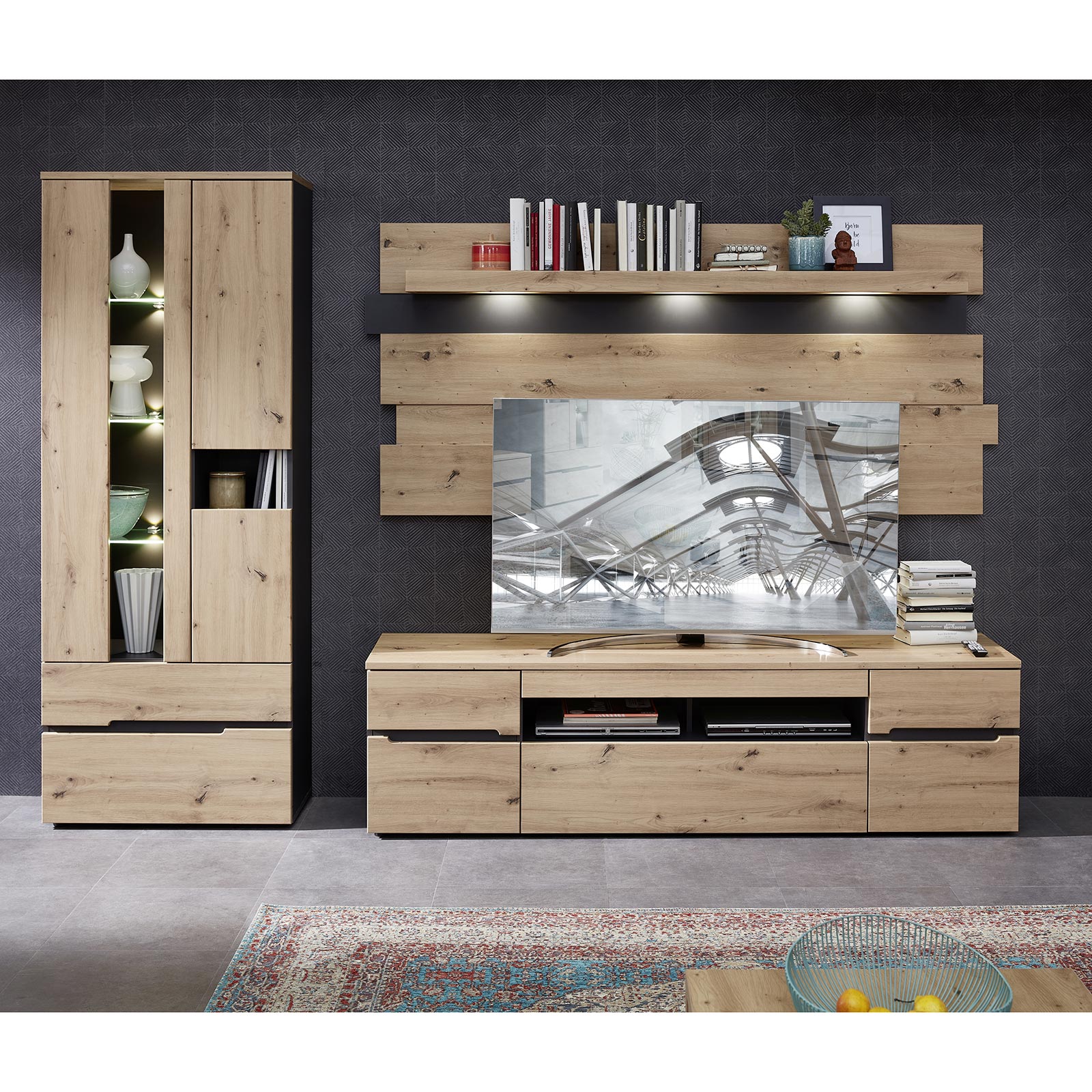 3-teilges Wohnwand-Set - Artisan Eiche-graphit - mit LED-Beleuchtung