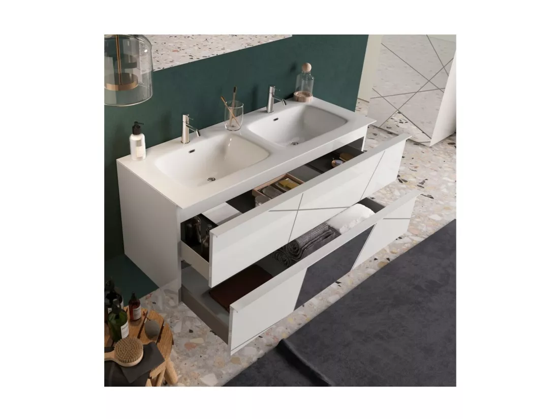 Meuble de salle de bain suspendu avec deux vasques et 2 tiroirs, collection VITARIO. Coloris blanc brillant