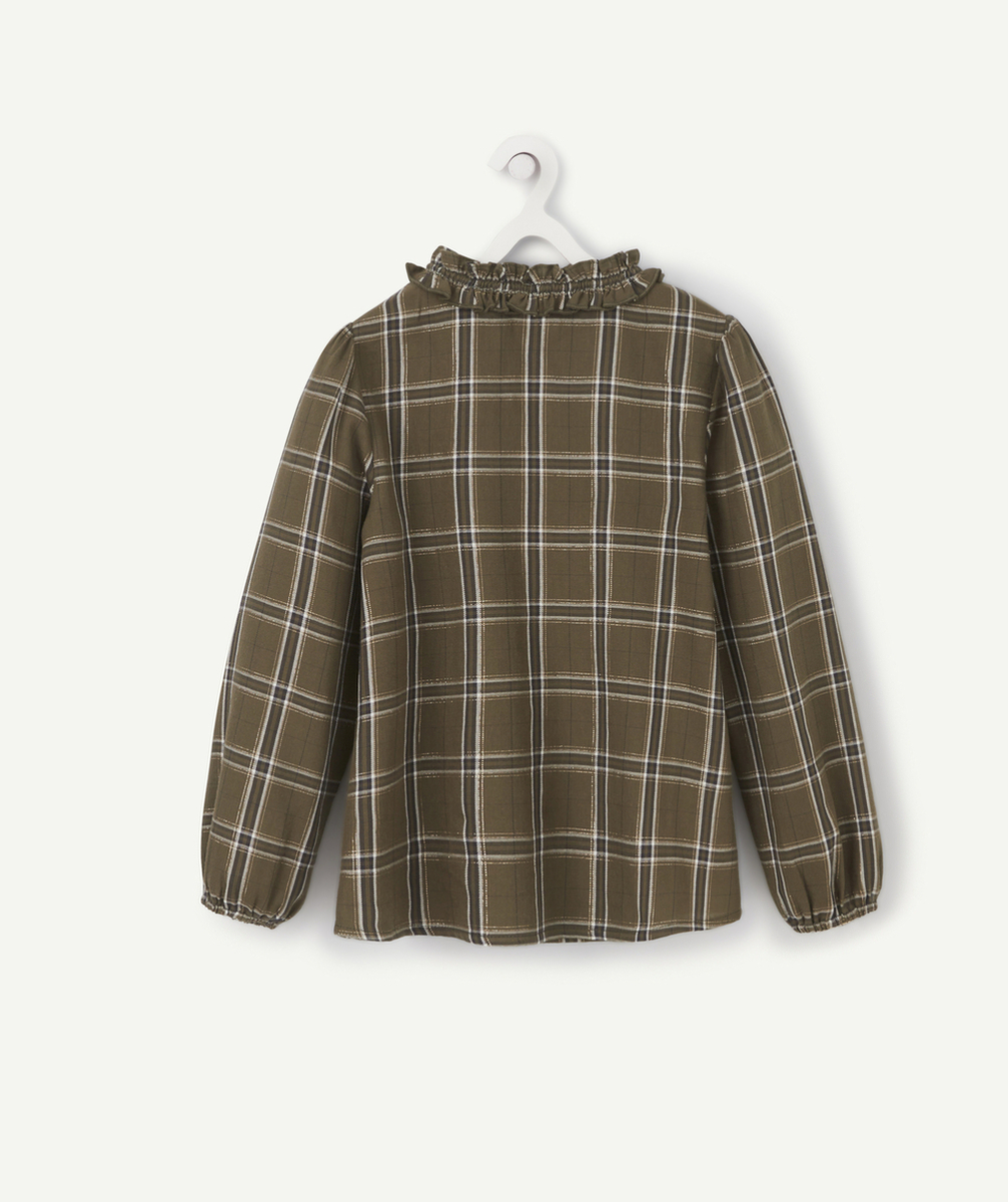 CHEMISE À CARREAUX KAKI ET LISERÉS COULEUR DORÉE FRONCÉ AU COL FILLE