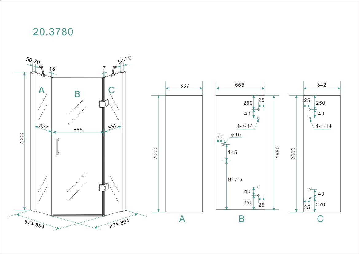 Mueller State douchecabine vijfhoek 90x90cm anti-kalk