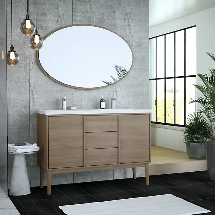 Ensemble meuble sous vasque placage bois Kabayan + plan double vasque céramique blanc Nira l.120 cm