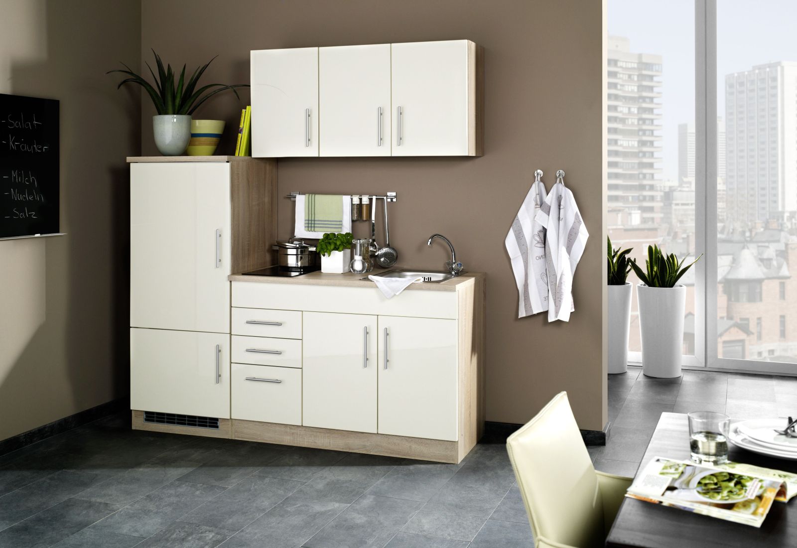 Single-Küche TORONTO - creme Hochglanz - mit E-Geräten - 180 cm