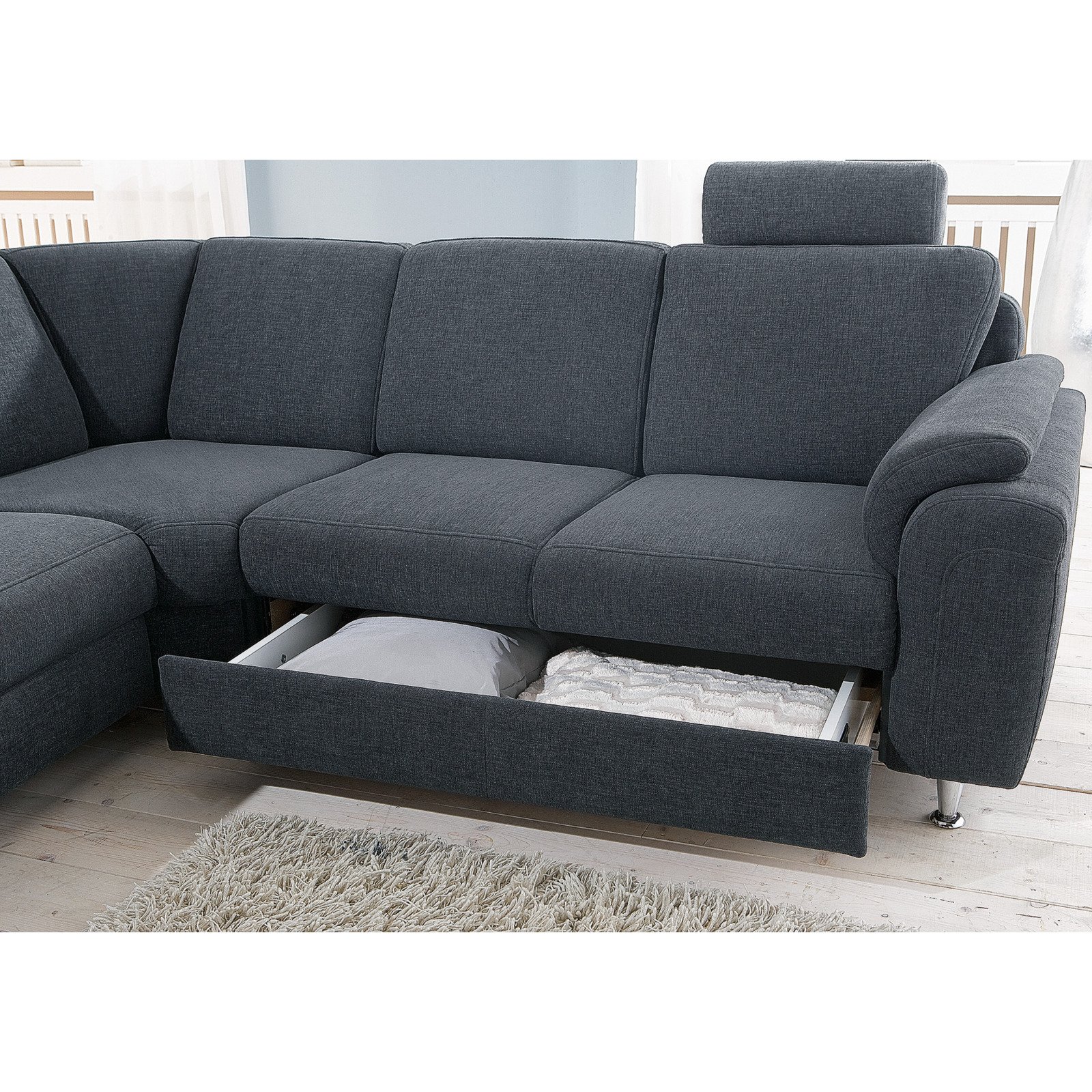 Ecksofa Offenburg Stoff grau, Ottomane rechts