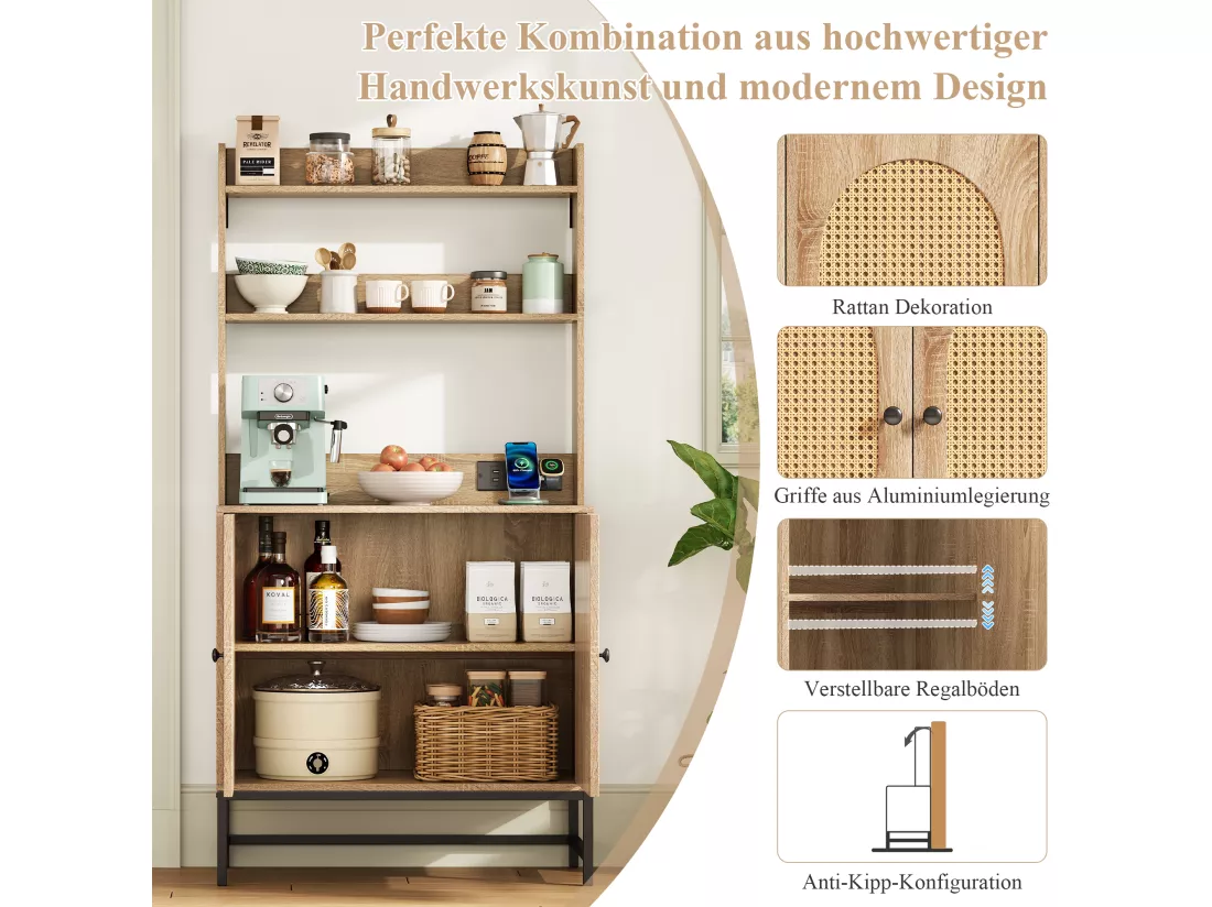 Buffet moderne avec 2 portes en rotin, étagères et prise USB - 80 x 40 x 160.5 cm - Bois MDF - Naturel