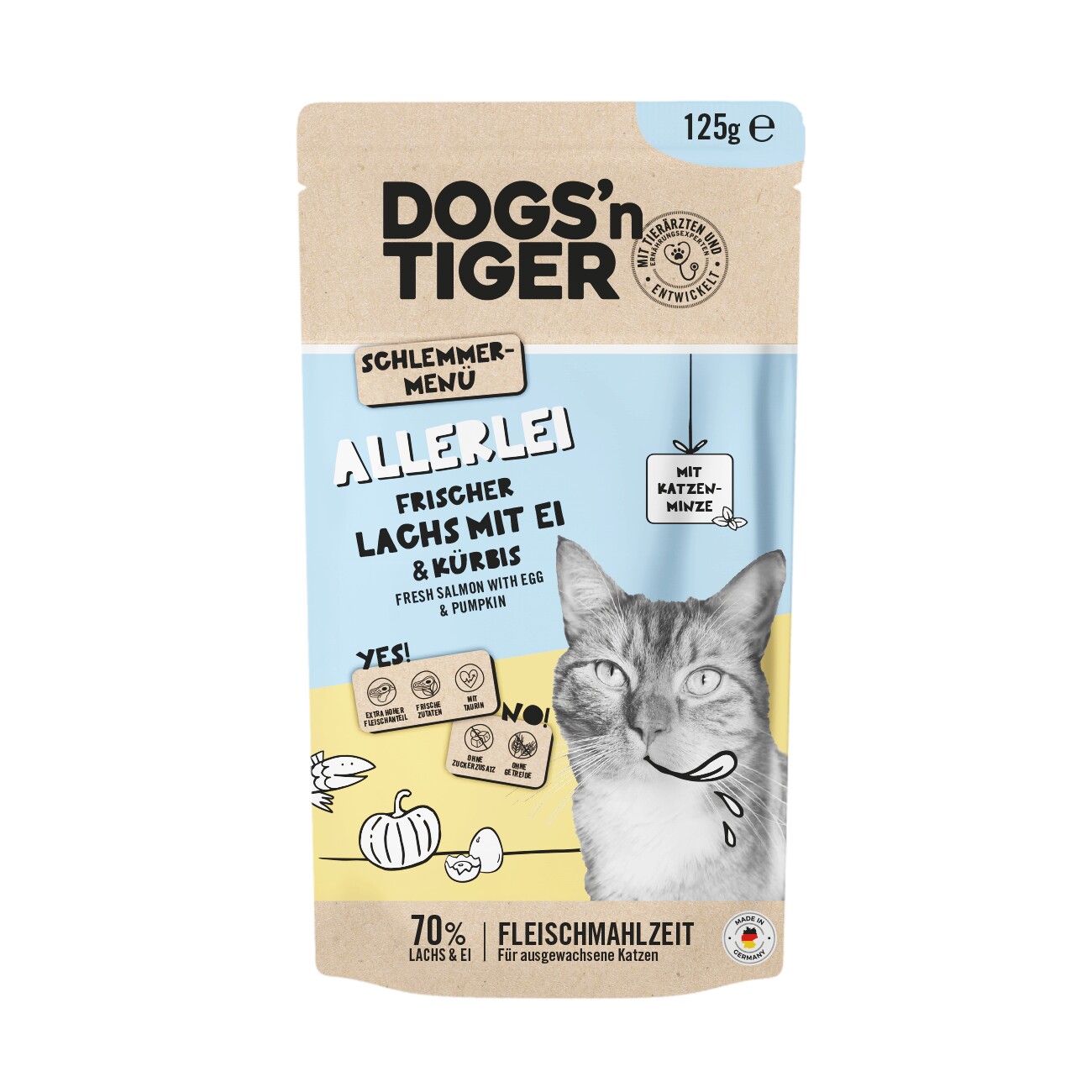 Dogs'n Tiger Adult Nassfutter Katze, Allerlei, Lachs, Ei & Kürbis, 12x 125g