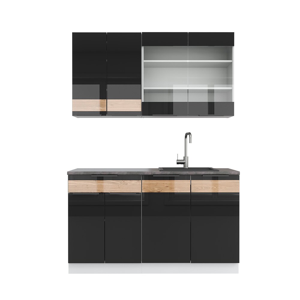 Vicco Küchenzeile Küchenblock Einbauküche Fame-Line Weiß Schwarz Eiche 140 cm modern Hochglanz Küchenschränke Küchenmöbel