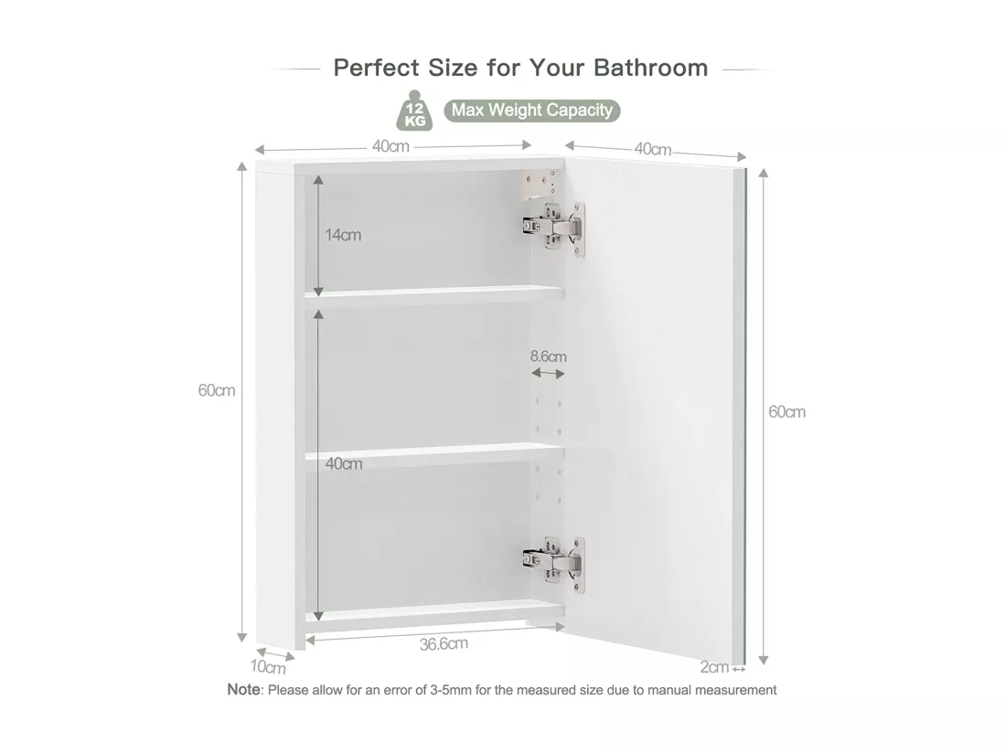 Armoire Miroir de Salle de Bain,Armoire Murale avec Miroir - 3 Étagères - 60x40x12cm - Blanc