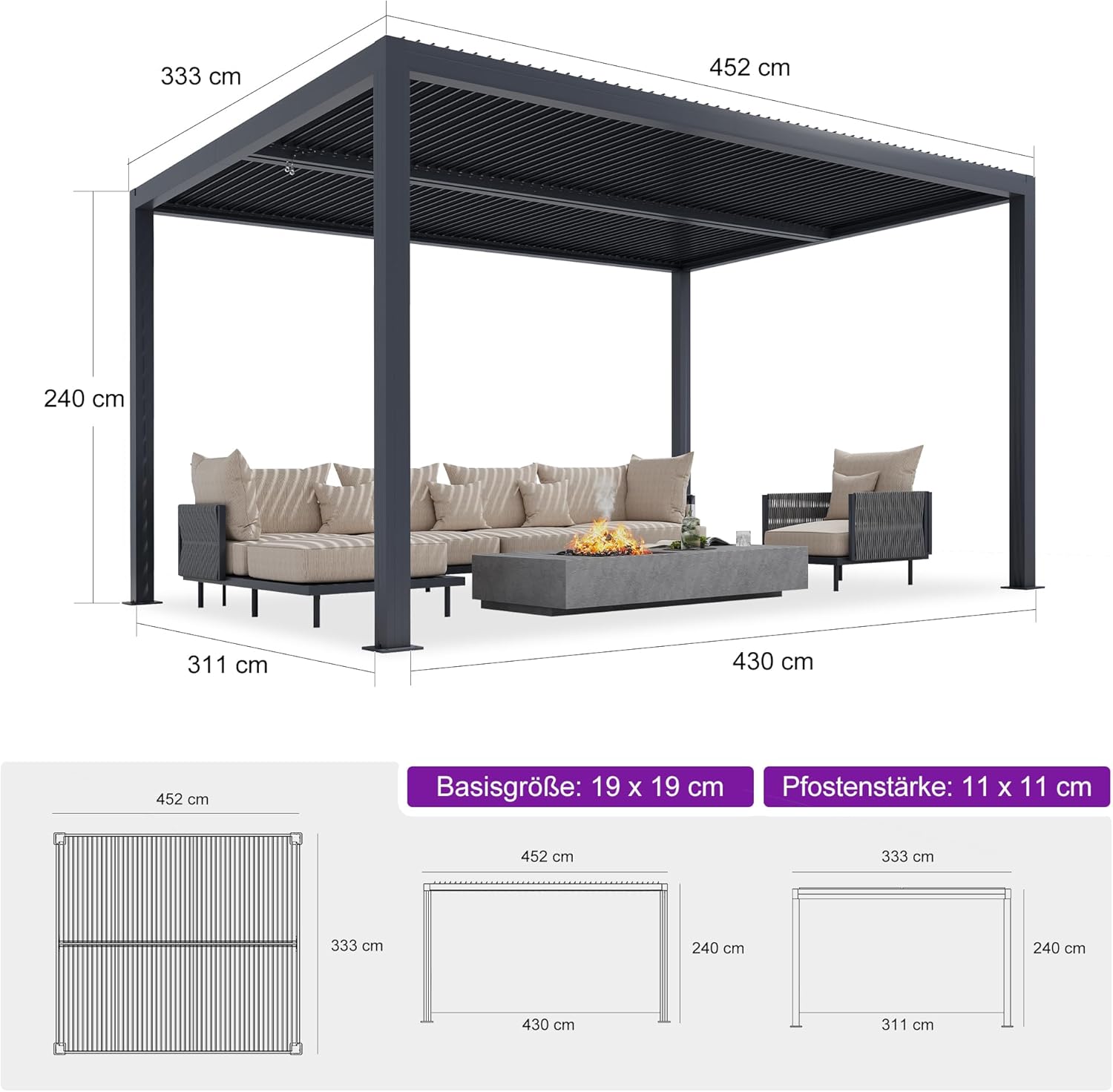 PURPLE LEAF Pergola 3.33 x 4.5 m Wasserdicht Stabil Winterfest Lamellenpergola Alu Pergola mit Lamellendach Terrassenüberdachung Pavillon mit Verstellbaren Alu-Lamellen für Partyzelt, Grau
