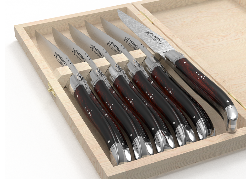 Service de 6 couteaux Laguiole avec un manche en bois de fer et mitres en acier inoxydable