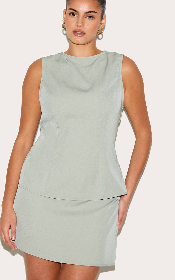 Sage Khaki Jupe Courte Taille Mi-haute Tissée Grande Taille Coordonnée