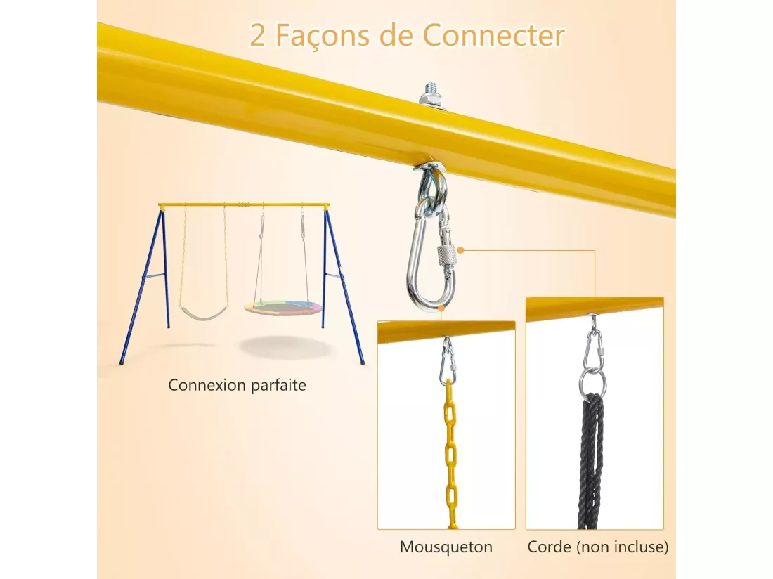 Portique de Balançoire pour Enfants en Forme de A Charge 300KG avec 2 Façons de Suspendre Piquets d'Ancrage 249x185x181,5cm