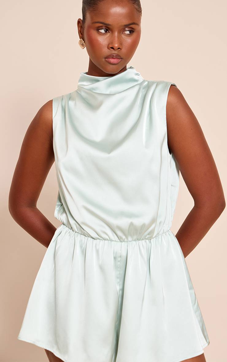 Bleu Combinaison-short En Satin À Col Montant