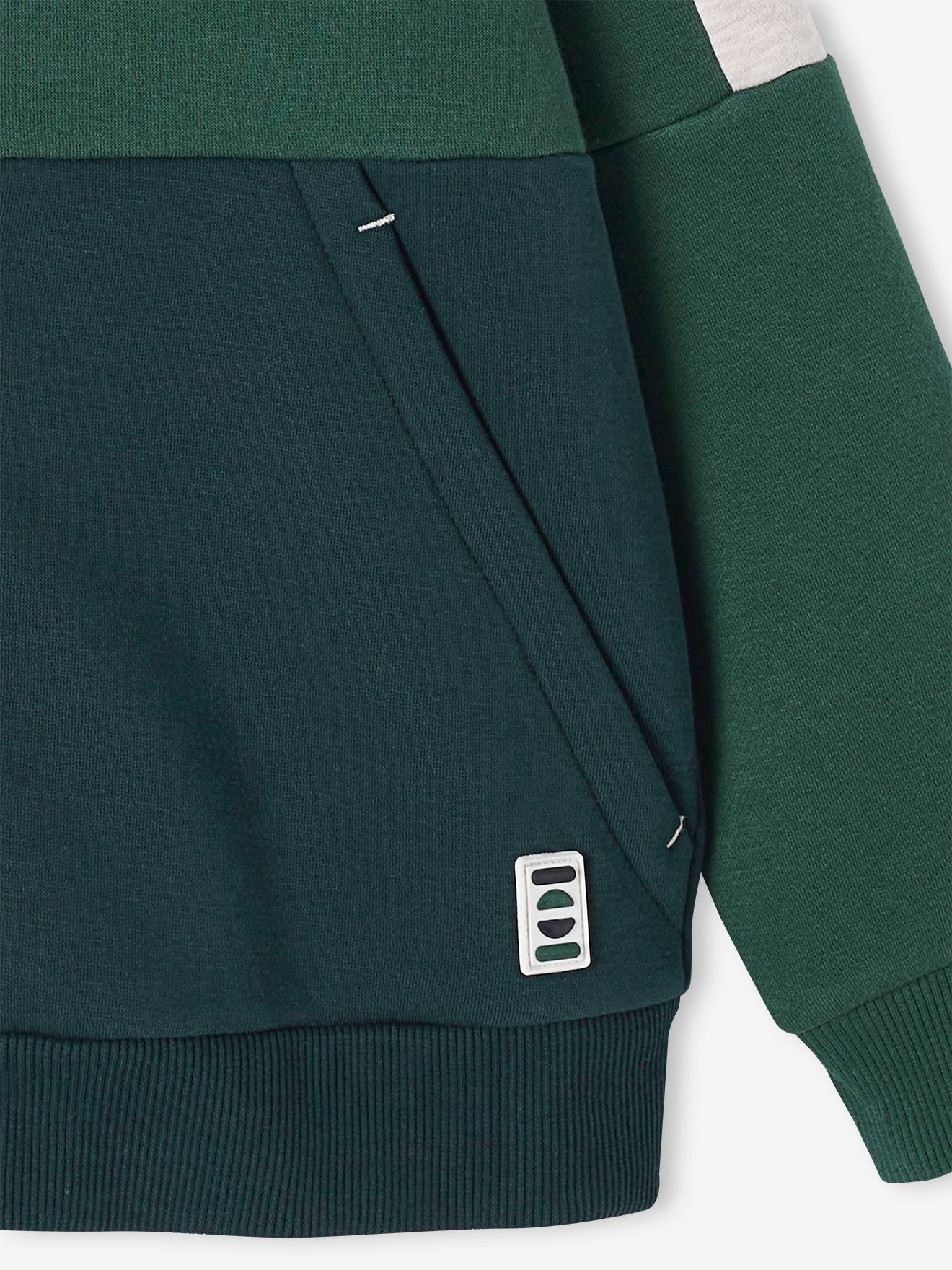 Moletom com capuz e zíper verde com efeito colorblock para meninos