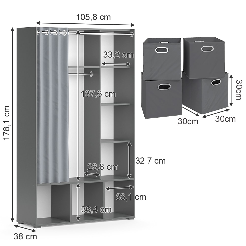Vicco Kleiderschrank Schlafzimmerschrank Garderobe Luigi Grau Faltbox 106 x 178 cm modern Schrankregal Organizer Vorhang Kleiderstange Fächer Aufbewahrung Ablage