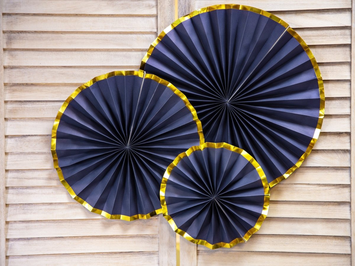 Papieren Waaiers Donkerblauw Goud Set 23-40cm 3 delig