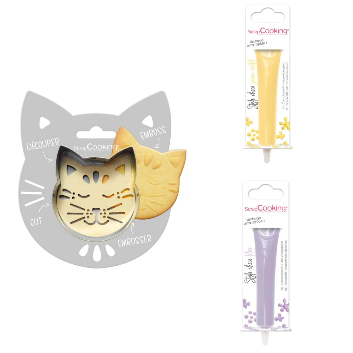 Kit pour biscuit en relief Chat + 2 Stylos au chocolat jaune pastel et