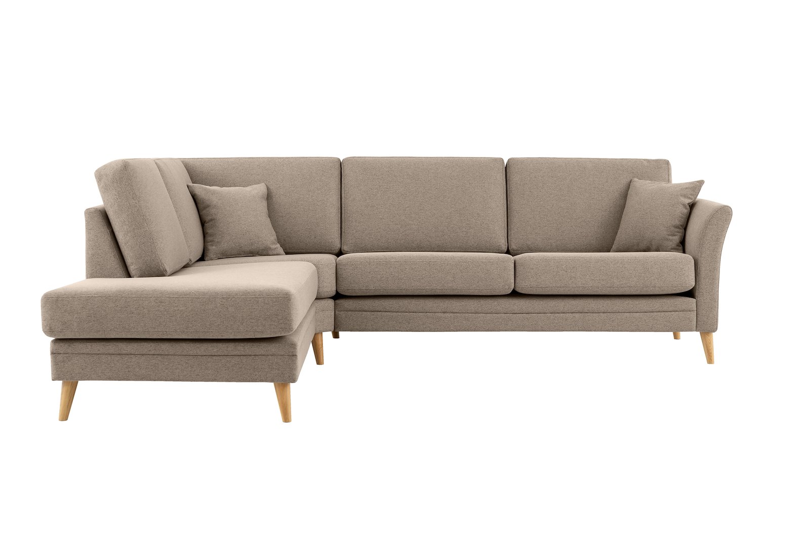 Eden hjørnesofa 2,5-seter med åpen ende venstre. Tekstil Neve 09 Cappuccino med ben i eik natur (15137).