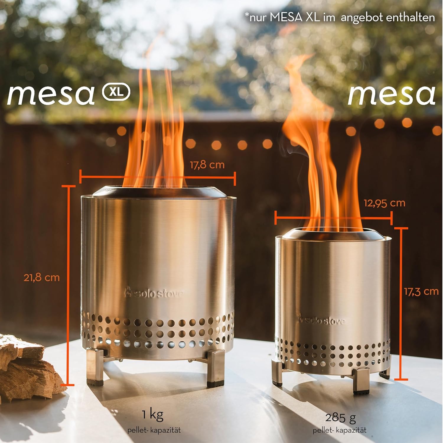 Solo Stove Mesa XL Tischfeuer Outdoor | Raucharmer Mini Tischkamin, Deko für Garten, Terrasse und Balkon, Für Pellets/Holz, Edelstahl, Inkl. Standfuß, Aufbewahrungsbeutel, 21,8 x 17,8cm, 1 kg, Silber