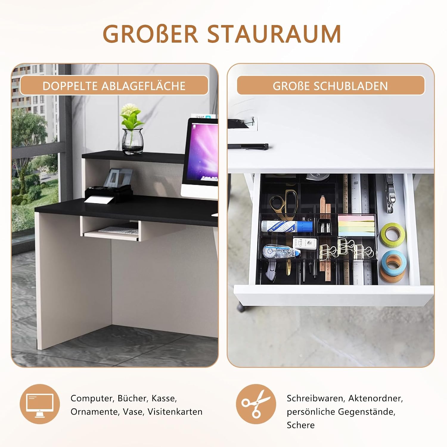 Empfangstheke, Moderne Kassentheke, Rezeptionstresen für Büro, Salon, Boutique, Geschäft, Ladentheke mit Aufsatz, Mehrere Größen & Farben