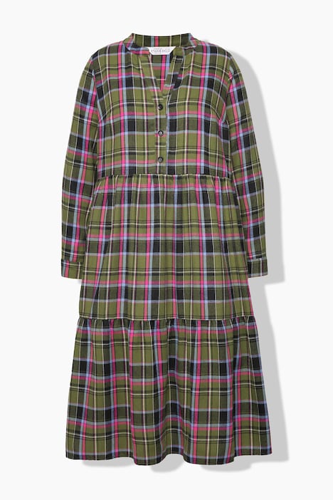 Midi-Flanellkleid, Karo, Tunika-Ausschnitt, Langarm