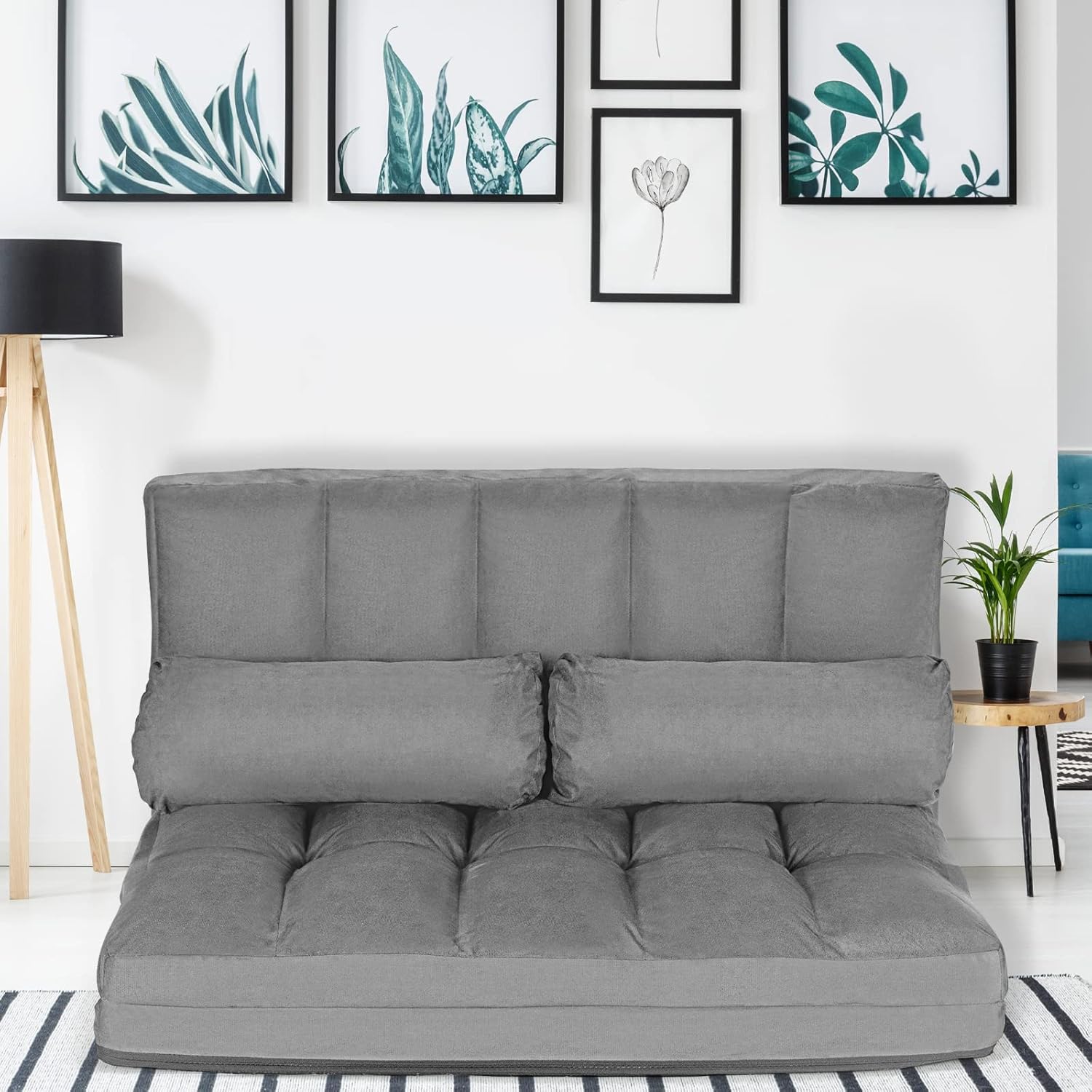 GOPLUS 2 Sitzer Bodensofa mit 2 Kissen, 3 in 1 Sofabett Liege Sofa mit 6 stufig Verstellbarer Rückenlehne, Klappsofa mit Schlaffunktion für Wohnzimmer Schlafzimmer (Grau)