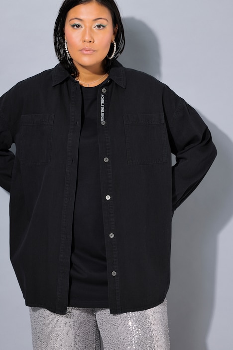 Jeanshemd, oversized, Knopfleisten-Stickerei